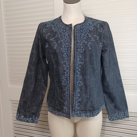 Chicos Denim Jacket Embroidered Blue Jean Open Front Womens Medium - Picture 6 of 12